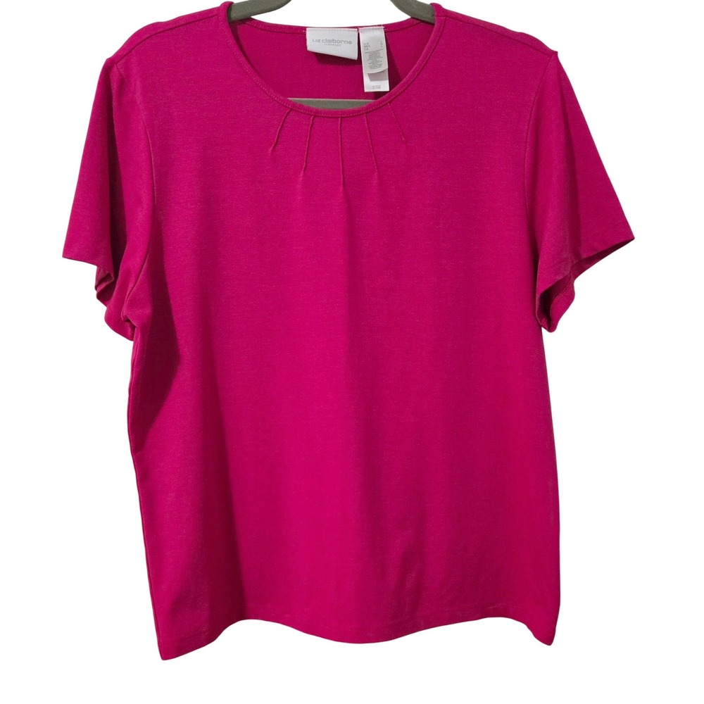 Liz Claiborne Lizsport Chic Fuchsia Pleated Neck Short Sleeve Top Womens Large